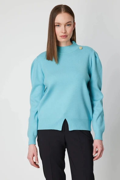 On Fashion Kadın Düğmeli Omuz Detaylı Turkuaz Kazak 65331 ürün görseli 1