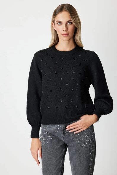 On Fashion Kadın İncili Baklava Desenli Siyah Kazak 63316 ürün görseli 1