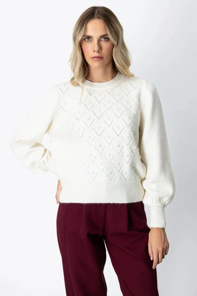 On Fashion Kadın İncili Baklava Desenli Ekru Kazak 63316 ürün görseli 1