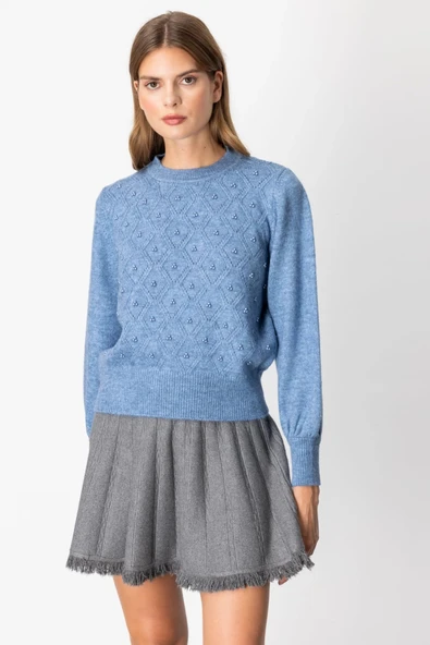 On Fashion Kadın İncili Baklava Desenli Mavi Kazak 63316 ürün görseli 1