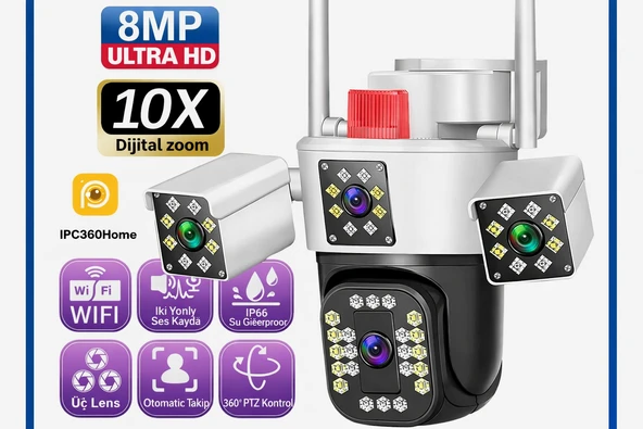 8MP 3 Kameralı 360 WiFi Güvenlik Kamerası  Sirenli Otomatik Takip, 360 Kontrol ürün görseli 1