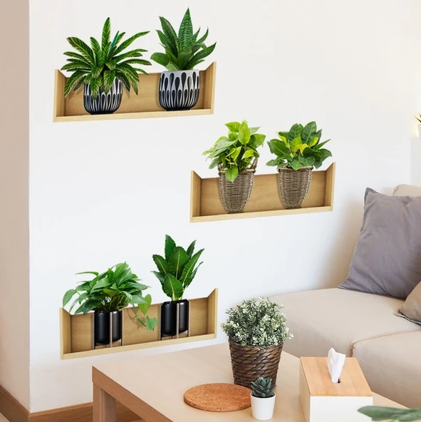 Raflı Bitki Tasarımlı Yapışkanlı Sticker 20*30 cm 3lü Set ürün görseli 1
