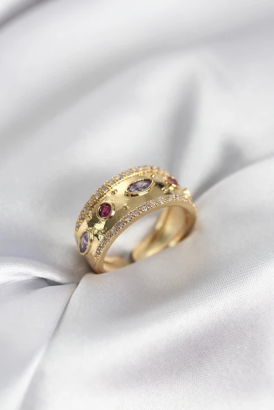 Gold Renk Zirkon Taşlı Vintage Kadın Yüzük TJ-BYK3959 ürün görseli 1