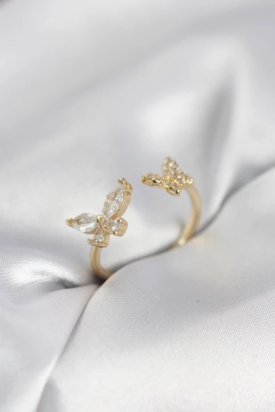 Kelebek Model Zirkon Taşlı Gold Renk Kadın Yüzük TJ-BYK4078 ürün görseli 1