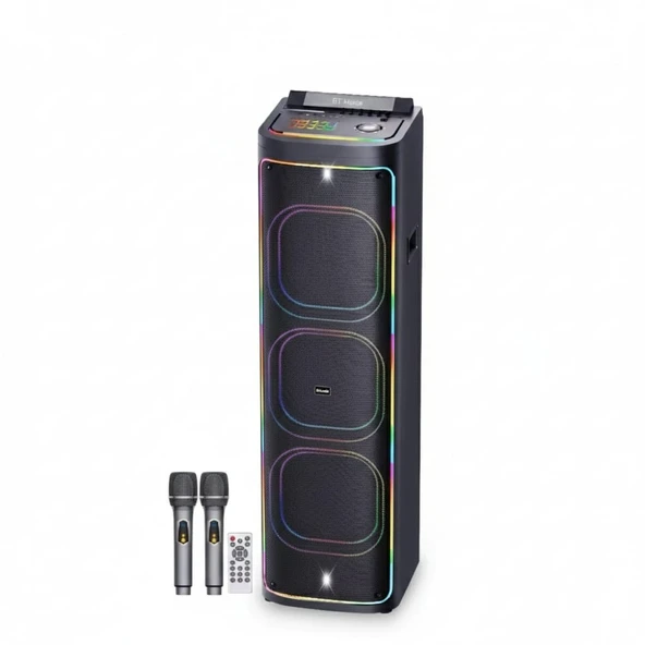 2272 Dijital LED Göstergeli Çift Kablosuz Mikrofonlu RGB TWS Üçlü 12 inç Stereo Bass Kablosuz Karaoke Hoparlör ürün görseli 1