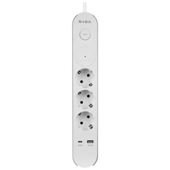 S-Link Spg3-Pd20 Pd20W H05Vv-F 3G1.0Mm, 1.5M 3 Lü 306 J Akım Korumalı Beyaz + Gri Priz ürün görseli 1