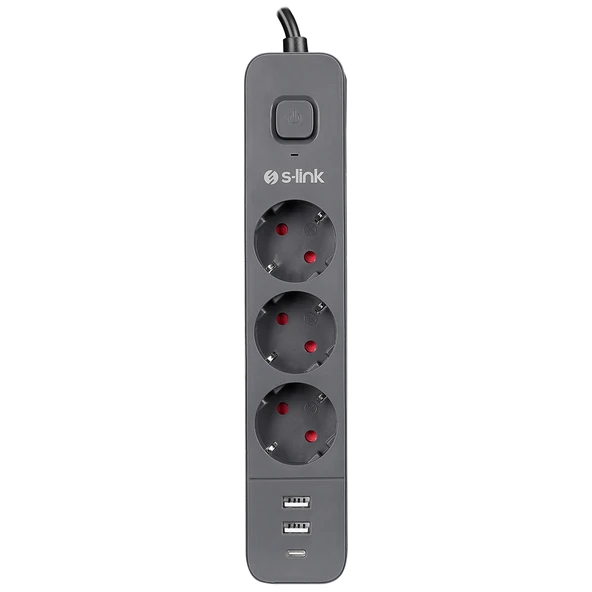 S-Link Spg03U 5V2.4A 1.5 Metre 3X1.00Mm 100 Yüzde Bakır 750 Joule 3 Lü Anahtarlı Akım Korumalı Siyah Priz ürün görseli 1