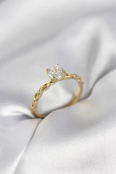 Gold Renk Sarmal Zincir Model Tek Taş Model Zirkon Taşlı Kadın Yüzük - EBJ260214W39569 ürün görseli 1
