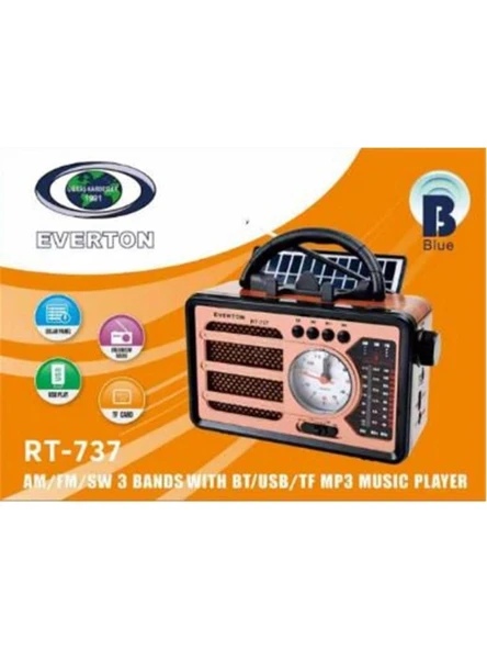 Everton Rt-737 Bluetooth Usb-Micro Sd Solarlı Saatli Nostaljik Radyo - Resim 2