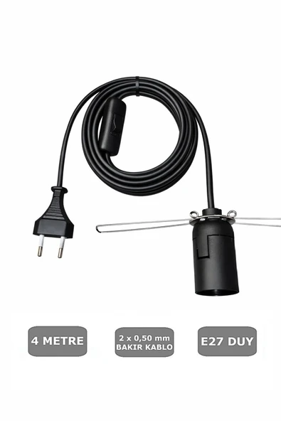 E27 YAYLI Duylu 4 Metre Arapuarlı (Aç Kapat Anahtar) (2X0,50) (Siyah) 65W ürün görseli 1