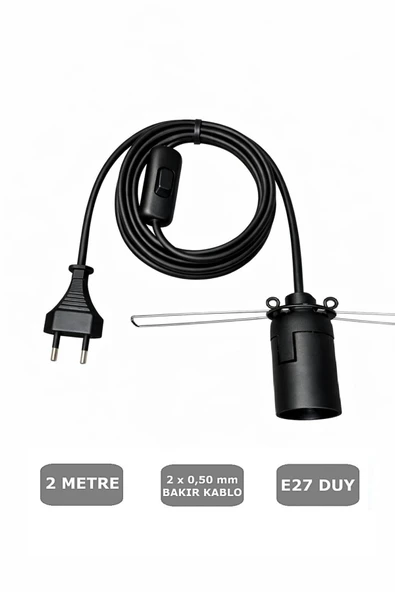 E27 YAYLI Duylu 2 Metre Arapuarlı (Aç Kapat Anahtar) (2X0,50) (Siyah) 65W ürün görseli 1