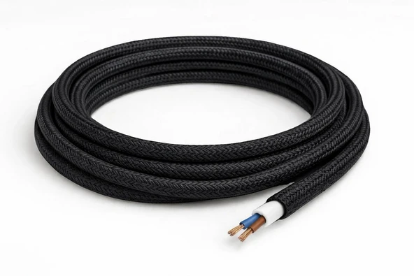 Dekoratif Kumaş Örgü Aydınlatma Elektrik Kablosu (2x0,50 TTR) (Siyah) 1 Metre - Resim 3