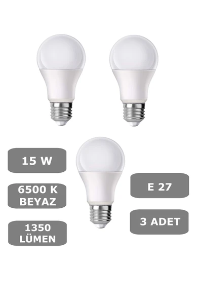 15W E27 Led Ampul 6500K Beyaz Işık (1350 Lümen) (3 Adet) ürün görseli 1