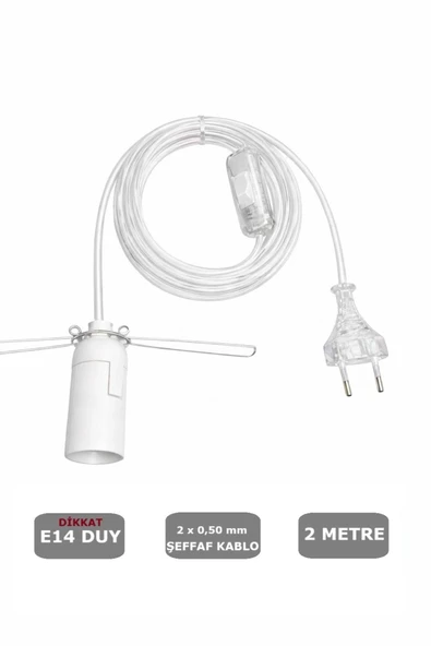 Şeffaf Kablolu E14 YAYLI Beyaz Duylu, TUZ LAMBASI Duyu 2 Metre Arapuarlı (2X0,50) 65W ürün görseli 1