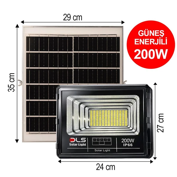 DLS 200W Güneş Enerjili Solar LED Projektör Harici Solar Panelli, 5 Metre Kablolu 501-200 ürün görseli 1