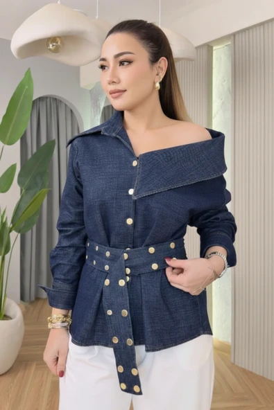 Kadın Asimetrik Yaka Kemerli Denim Gömlek ürün görseli 1