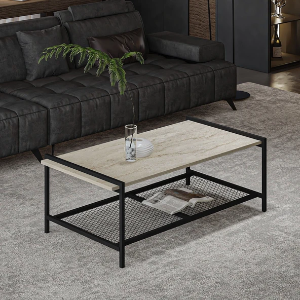 Lara Modern Orta Sehpa – Metal Raflı Tasarım, 120x60 cm  Traverten ürün görseli 1