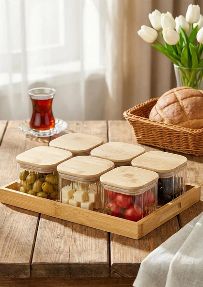 Cam Kahvaltı Takımı -Bambu Kare Kahvaltılık 13 Parça, Çizgili ürün görseli 1