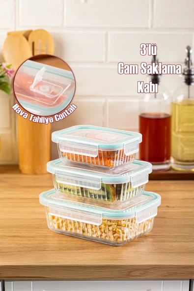 Porsima SD-12-FGY Kilitli Sızdırmaz Kapaklı Hava Tahliye Contalı Çok Amaçlı Cam 3lü Erzak Yiyecek Saklama Kabı Seti - 1030-620-330ml ürün görseli 1
