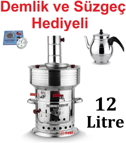 12 Litre Paslanmaz Metal Odunlu Kömürlü Çay Semaveri Büyük Çift Musluklu DEMLİK HEDİYELİ Semaver 12 ürün görseli 1