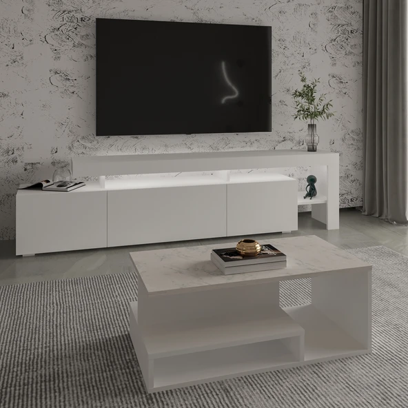 İnarch Dizayn Beliz LED Işıklı TV Sehpası ve Vera Orta Sehpa SET - Oturma Odası Modern Takım  Beyaz/Mermer Desen ürün görseli 1