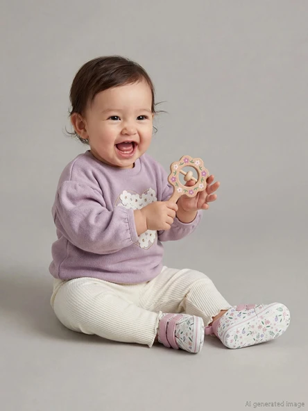 LCW baby Lila Bisiklet Yaka Çiçekli Kız Bebek Sweatshirt ve Tayt ürün görseli 1