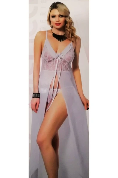 wMc Collection  Beyaz Uzun Önden Derin Yırtmaçlı Fiyonklu Güpür Dantelli Fantzi Tül Gecelik ürün görseli 1