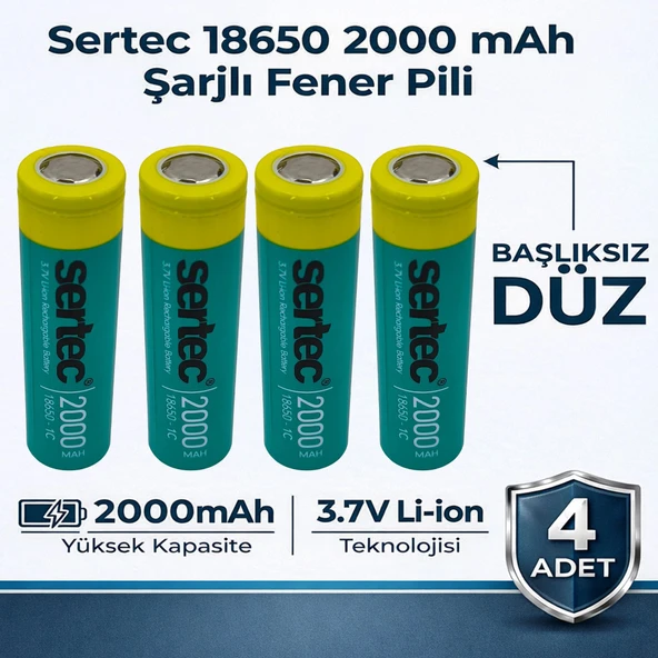 Sertec 18650 Şarjlı Pil 2000mAh Fener Pili 3.7V Li-ion Başlıksız Düz 4lü ürün görseli 1