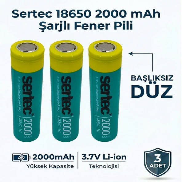 Sertec 18650 Şarjlı Pil 2000mAh Fener Pili 3.7V Li-ion Başlıksız Düz 3lü ürün görseli 1