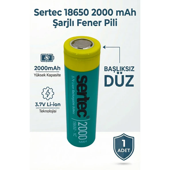 Sertec 18650 Şarjlı Pil 2000mAh Fener Pili 3.7V Li-ion Başlıksız Düz ürün görseli 1