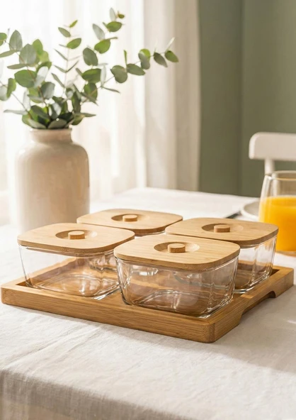 Cam Kahvaltı Seti Bambu Kapaklı 9 Parça 4x200 ML - Resim 2