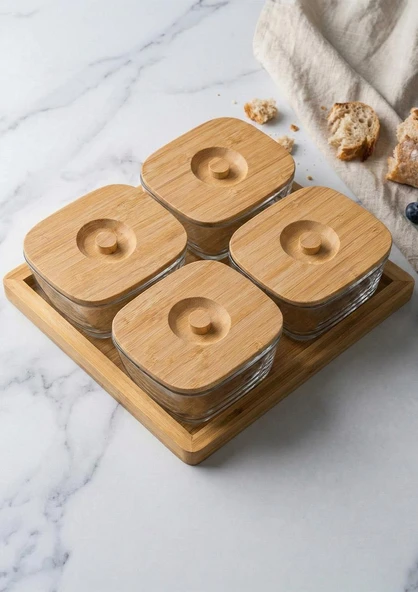 Cam Kahvaltı Seti Bambu Kapaklı 9 Parça 4x200 ML - Resim 4
