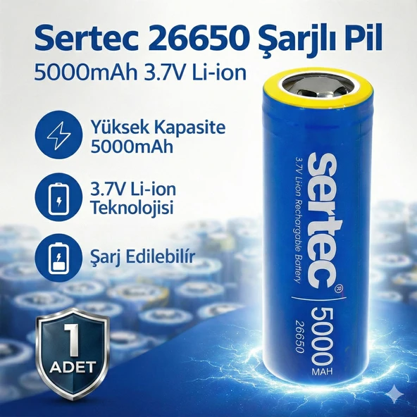 Sertec 26650 Şarjlı Pil 5000mAh 3.7V Li-ion Başlıksız Düz ürün görseli 1