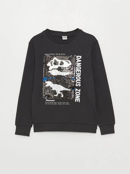 LCW Kids Antrasit Bisiklet Yaka Çift Yönlü Payetli Uzun Kollu Erkek Çocuk Sweatshirt ürün görseli 1