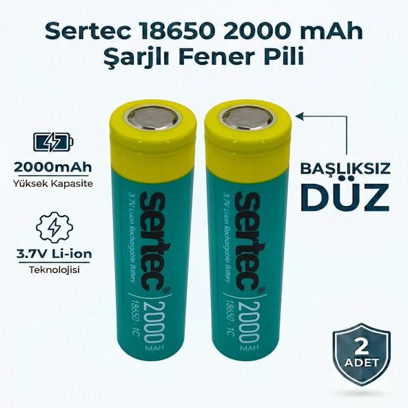 Sertec 18650 Şarjlı Pil 2000mAh Fener Pili 3.7V Li-ion Başlıksız Düz 2li ürün görseli 1