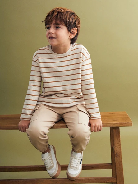 LCW Kids Gri Bisiklet Yaka Çizgili Erkek Çocuk Tişört ürün görseli 1