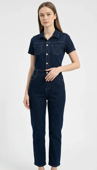 Kadın Denim Gömlek Yaka Kısa Kollu Düğmeli Tulum ürün görseli 1