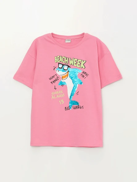 LCW Kids Pembe Rahat Kalııp Bisiklet Yaka Çift Yönlü Payetli Erkek Çocuk Tişört ürün görseli 1