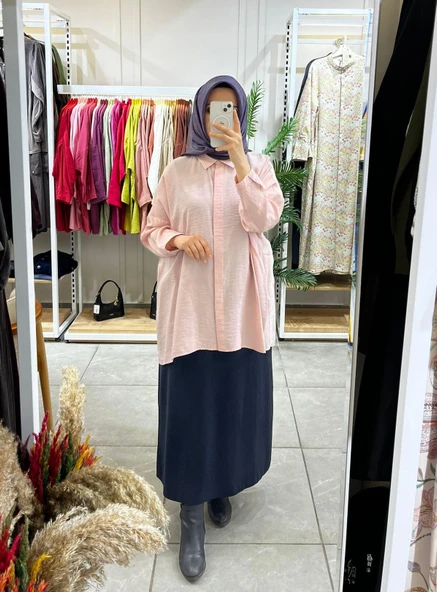 Nuss 3001 Oversize Düğmeli Gömlek Pudra - Resim 2