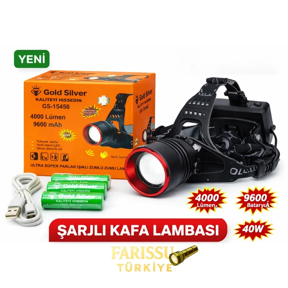 Gold Silver GS-15450 4000 Lümen Ultra Parlak Şarjlı Zoomlu Sensörlü Kafa Lambası - 9600 mAh ürün görseli 1