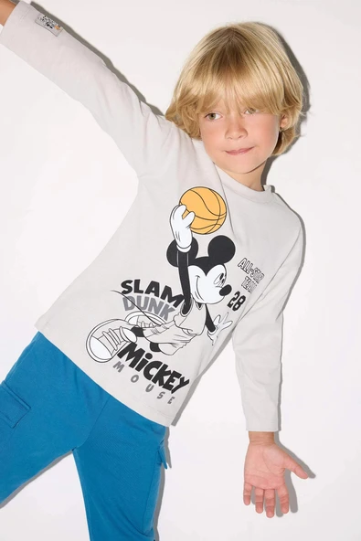 Defacto F5007A5GR503 Gri Erkek Bebek Disney Mickey & Minnie Bisiklet Yaka Uzun Kollu Tişört ürün görseli 1