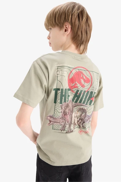 Defacto E3119 Yeşil Erkek Çocuk Jurassic World Bisiklet Yaka Sırt Baskılı Kısa Kollu Tişört ürün görseli 1