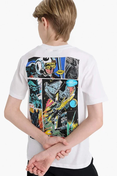 Defacto E4825 Beyaz Erkek Çocuk Star Wars Bisiklet Yaka Kısa Kollu Tişört ürün görseli 1