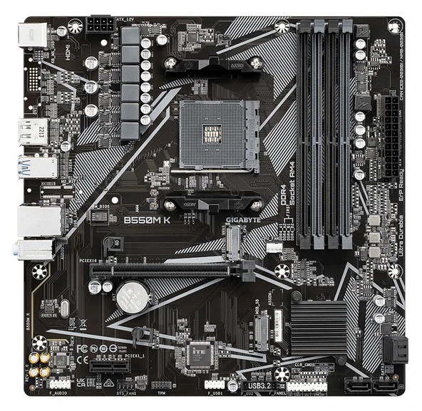 GIGABYTE B550M K (rev. 1.0) AMD B550, DDR4, AM4 Ryzen, SATA6Gb/s, M2, USB3.2, 1Gb Lan, Fan Stop, microATX Anakart ürün görseli 1