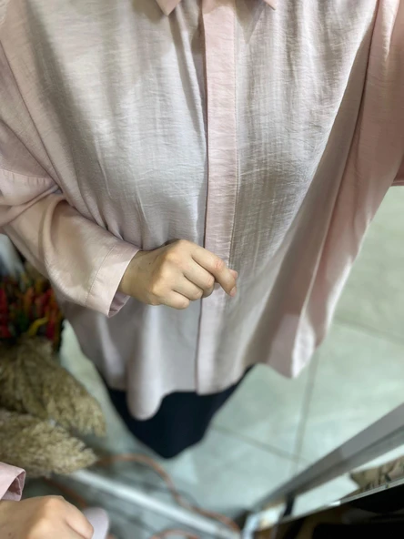 Nuss 3001 Oversize Düğmeli Gömlek Pudra - Resim 3