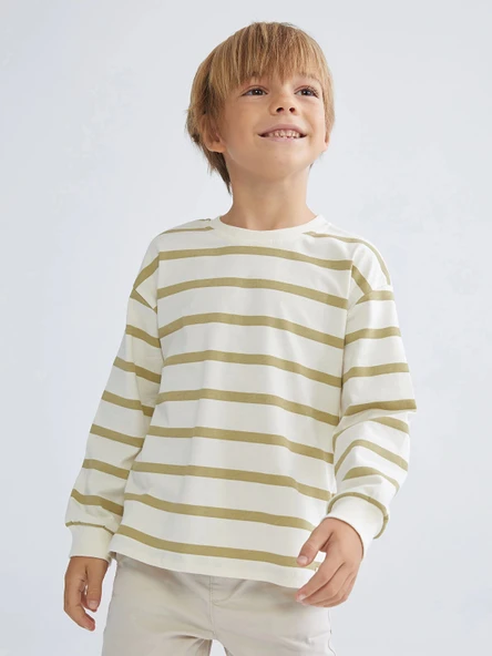 LCW Kids Bej Bisiklet Yaka Çizgili Erkek Çocuk Tişört ürün görseli 1