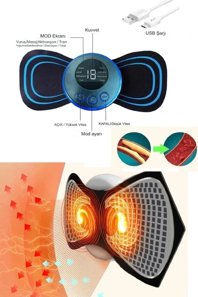 8 Modlu Mini Şarjlı Kelebek LCD Ekran Ems Boyun Omuz Kol Sırt Elektrikli Masaj Bantı Kas Stimülatörü ürün görseli 1