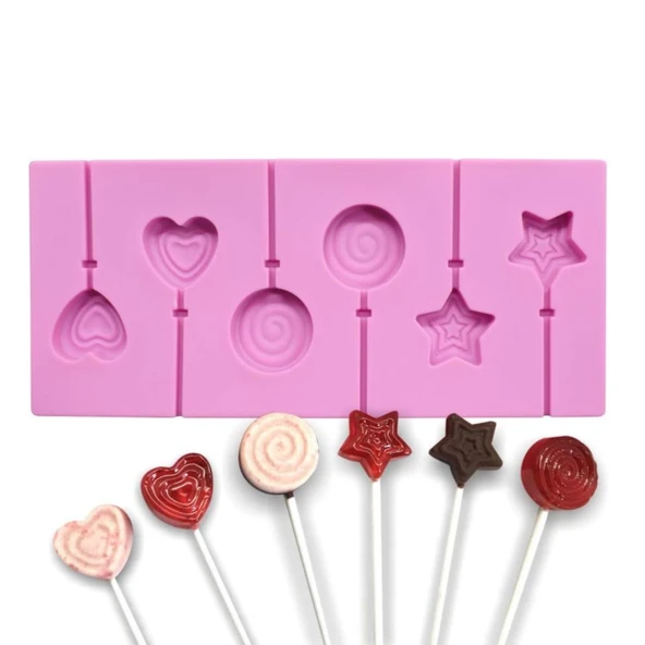 Silikon Yıldız Kalp ve Daire Şeklinde Şeker Lolipop Kalıbı 6 Lı ürün görseli 1