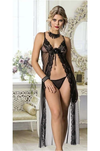 wMc Collection Siyah Uzun Şerit Dantelli 2'li Fantzi Tül Gecelik ürün görseli 1