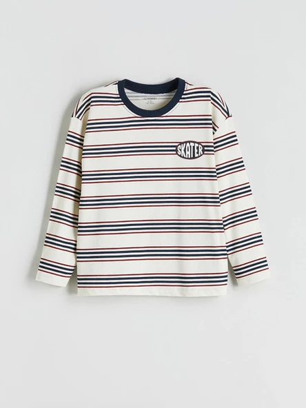 LCW Kids Bej Bisiklet Yaka Çizgili Uzun Kollu Erkek Çocuk Tişört ürün görseli 1